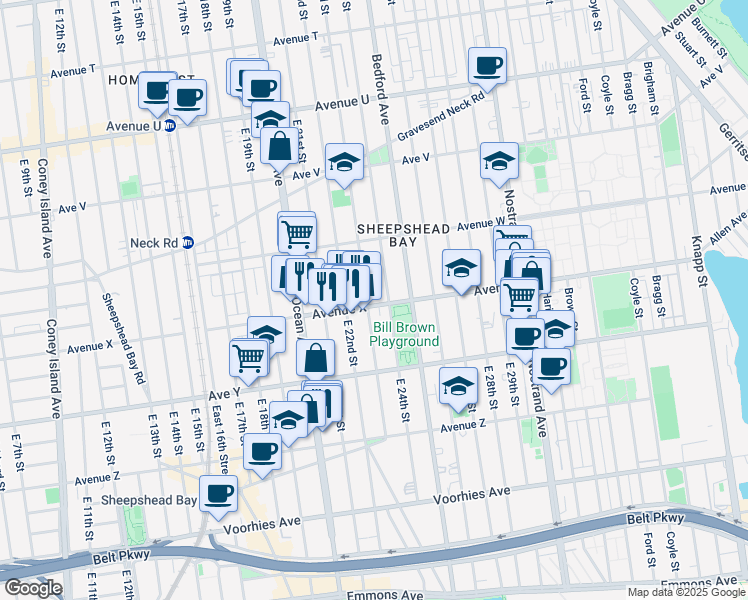 map of restaurants, bars, coffee shops, grocery stores, and more near 2401 East 23rd Street in Brooklyn