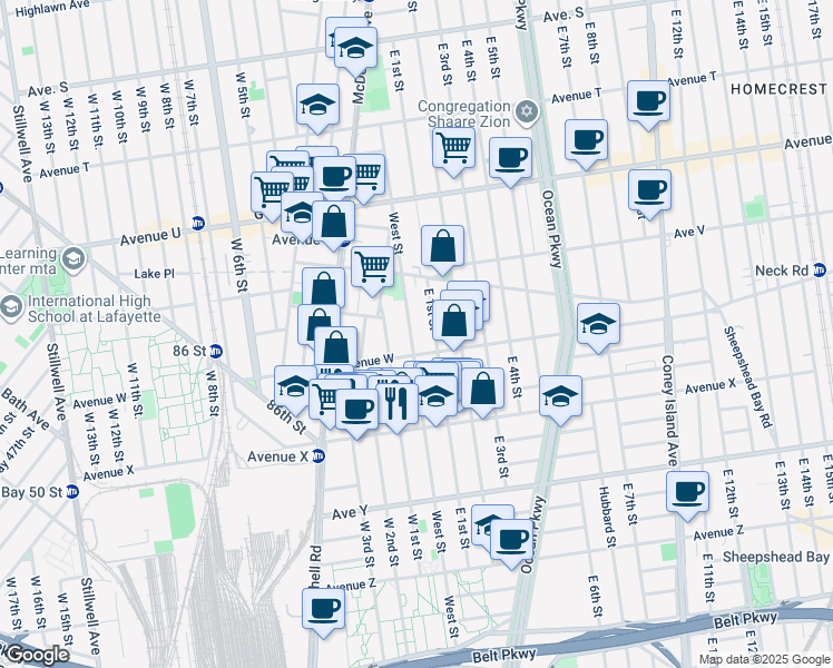 map of restaurants, bars, coffee shops, grocery stores, and more near 2286 West Street in Brooklyn
