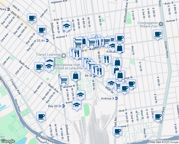 map of restaurants, bars, coffee shops, grocery stores, and more near 2811 86th Street in Brooklyn