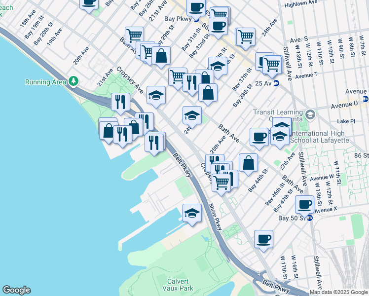 map of restaurants, bars, coffee shops, grocery stores, and more near 275 Bay 37th Street in Brooklyn