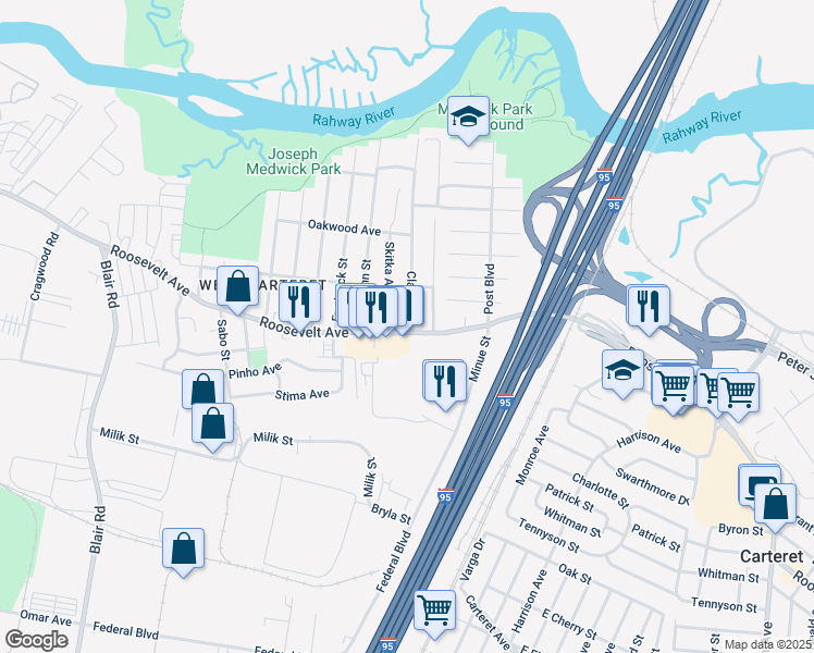 map of restaurants, bars, coffee shops, grocery stores, and more near 1235-1239 Roosevelt Avenue in Carteret