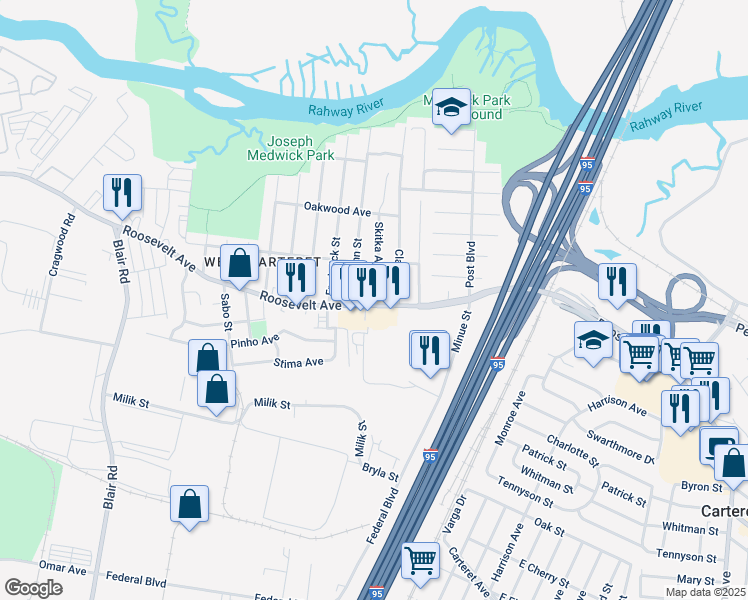 map of restaurants, bars, coffee shops, grocery stores, and more near 1235-1239 Roosevelt Avenue in Carteret