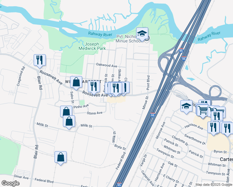 map of restaurants, bars, coffee shops, grocery stores, and more near 1235-1239 Roosevelt Avenue in Carteret