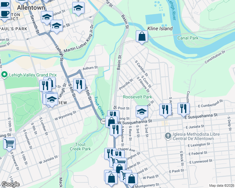 map of restaurants, bars, coffee shops, grocery stores, and more near 904 South Meadow Street in Allentown