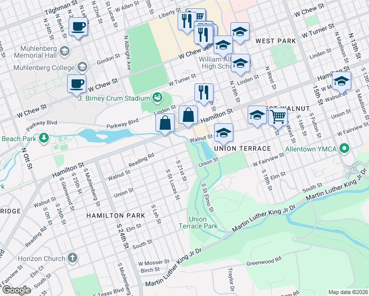 map of restaurants, bars, coffee shops, grocery stores, and more near 2036 Walnut Street in Allentown