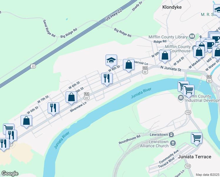map of restaurants, bars, coffee shops, grocery stores, and more near 501-599 Riverview Ln in Lewistown