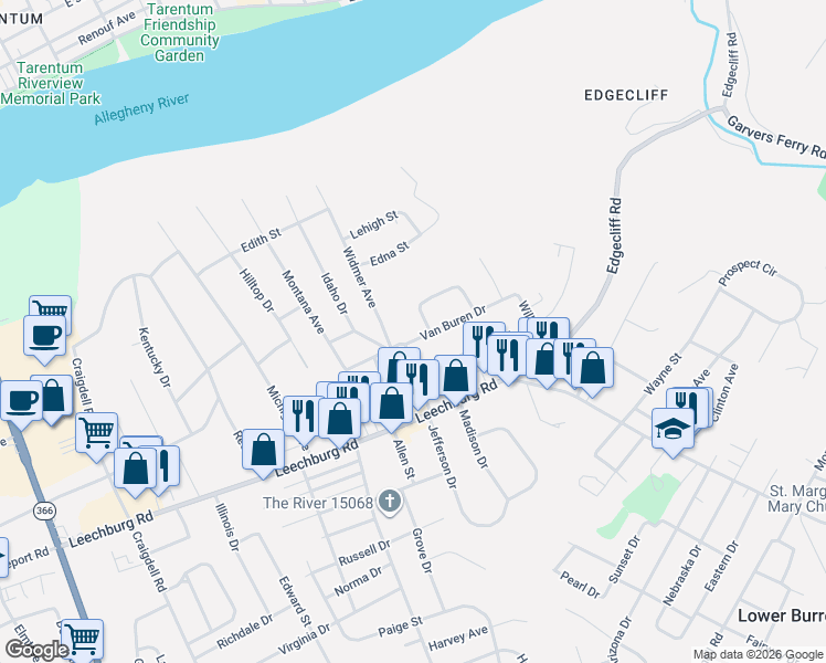 map of restaurants, bars, coffee shops, grocery stores, and more near 2713 Van Buren Drive in New Kensington