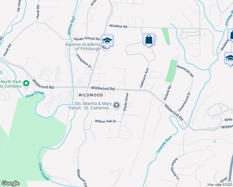 map of restaurants, bars, coffee shops, grocery stores, and more near 2524 Wildwood Road in Hampton Township