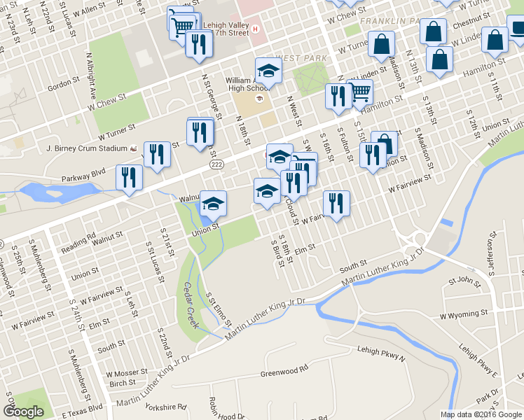 map of restaurants, bars, coffee shops, grocery stores, and more near 1814 Union Street in Allentown