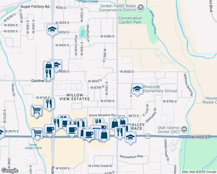 map of restaurants, bars, coffee shops, grocery stores, and more near 1335 Taryn's Lane in West Jordan