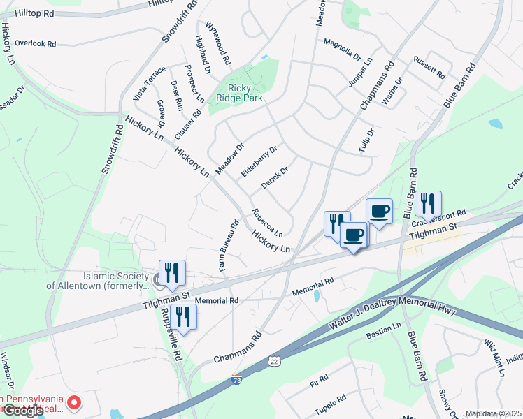 map of restaurants, bars, coffee shops, grocery stores, and more near 911 Rebecca Lane in Lehigh County