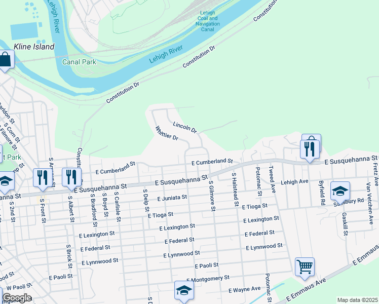 map of restaurants, bars, coffee shops, grocery stores, and more near 1005 South Filbert Street in Allentown