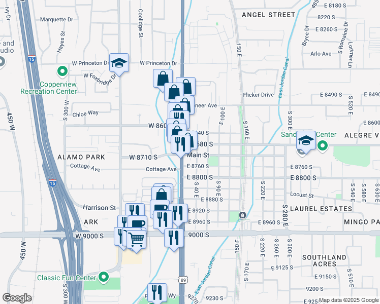map of restaurants, bars, coffee shops, grocery stores, and more near 19 Main Street in Sandy