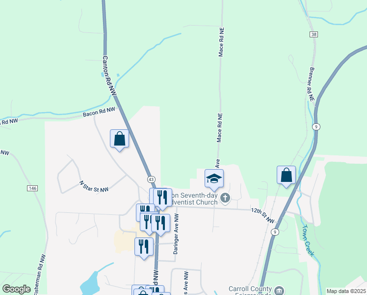 map of restaurants, bars, coffee shops, grocery stores, and more near 1059 Mace Road Northeast in Carrollton
