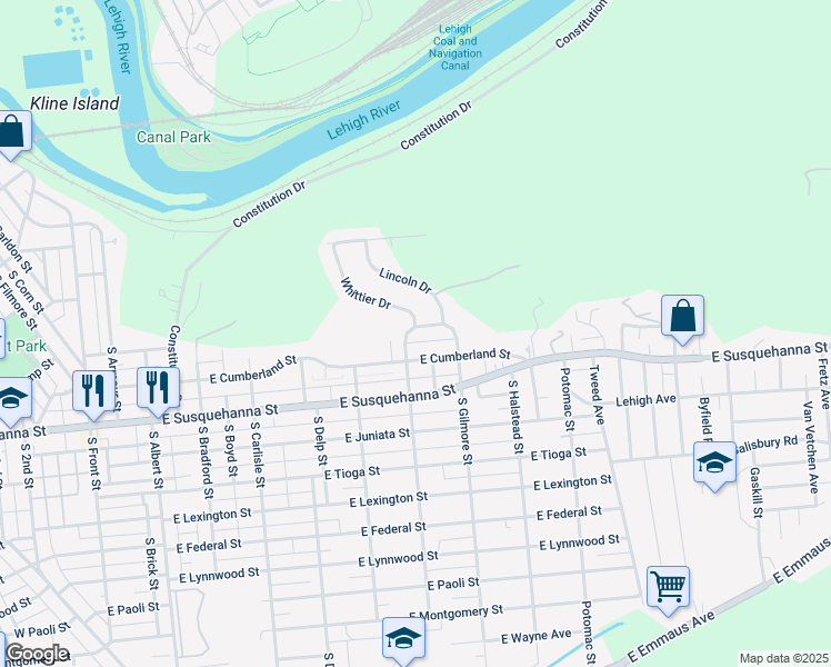 map of restaurants, bars, coffee shops, grocery stores, and more near 1005 South Filbert Street in Allentown