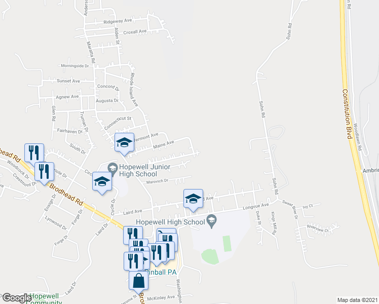 map of restaurants, bars, coffee shops, grocery stores, and more near 1001 Maine Avenue in Aliquippa