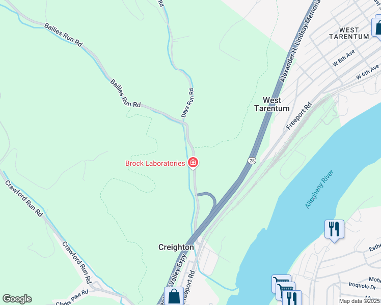 map of restaurants, bars, coffee shops, grocery stores, and more near 301 Bailies Run Road in Creighton