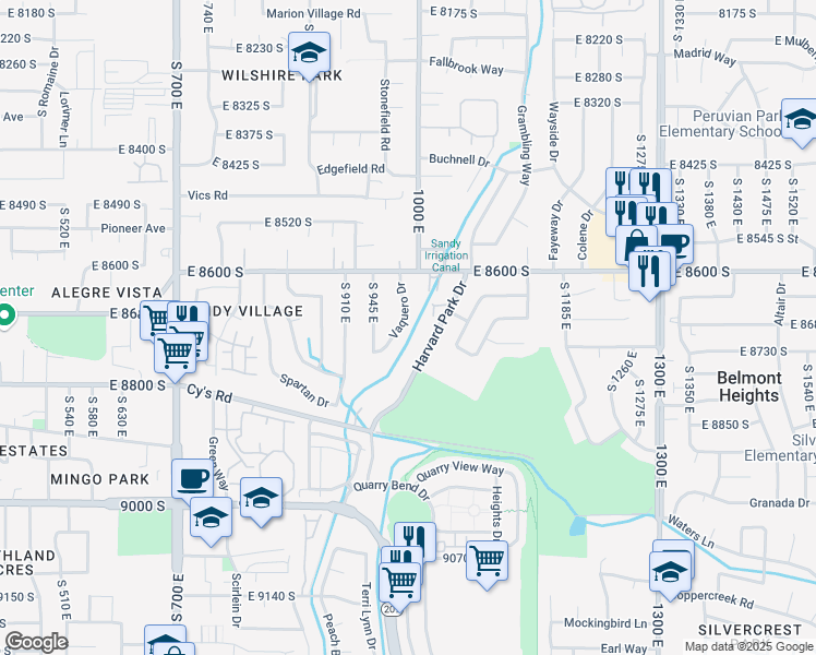 map of restaurants, bars, coffee shops, grocery stores, and more near 8693 Vaquero Drive in Sandy