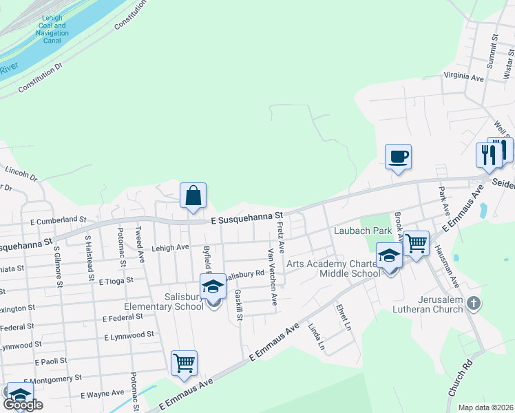 map of restaurants, bars, coffee shops, grocery stores, and more near 1349 East Susquehanna Street in Allentown