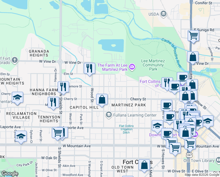 map of restaurants, bars, coffee shops, grocery stores, and more near 715 Sycamore Street in Fort Collins