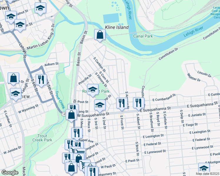 map of restaurants, bars, coffee shops, grocery stores, and more near 823 South Filmore Street in Allentown