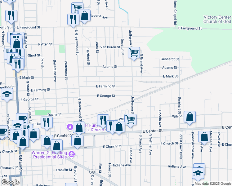 map of restaurants, bars, coffee shops, grocery stores, and more near 621 East George Street in Marion