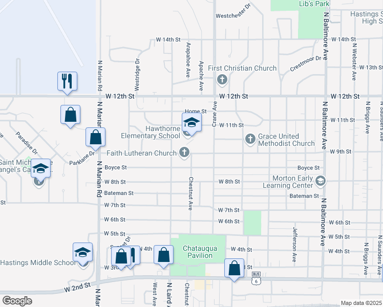 map of restaurants, bars, coffee shops, grocery stores, and more near 2200 West 9th Street in Hastings