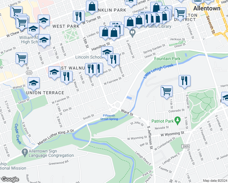 map of restaurants, bars, coffee shops, grocery stores, and more near 347 South Franklin Street in Allentown