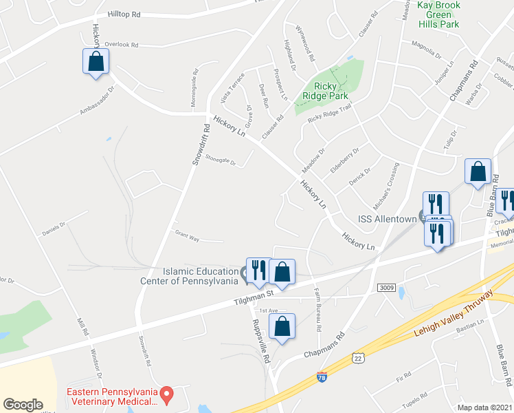 map of restaurants, bars, coffee shops, grocery stores, and more near 6350 Hedgewood Drive in Allentown