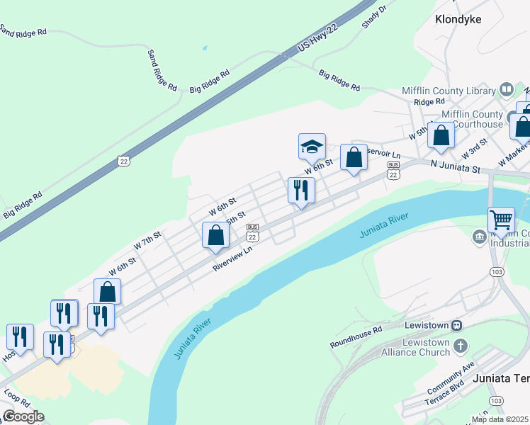 map of restaurants, bars, coffee shops, grocery stores, and more near 109 Rosewood Avenue in Lewistown
