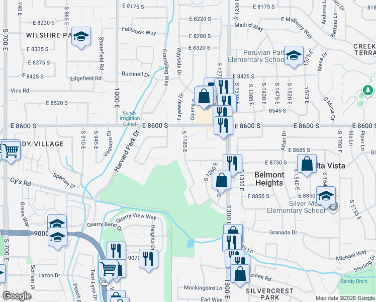 map of restaurants, bars, coffee shops, grocery stores, and more near 8691 South 1185 East in Sandy