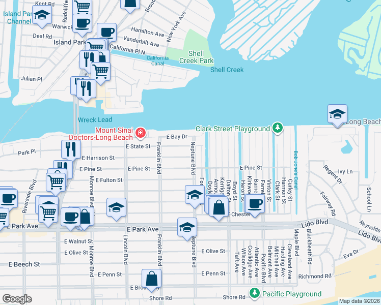 map of restaurants, bars, coffee shops, grocery stores, and more near 572 East Harrison Street in Long Beach