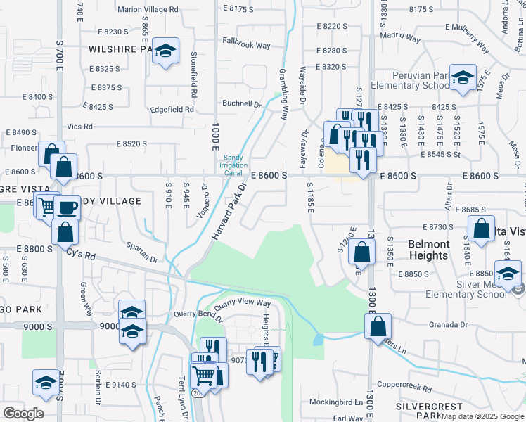 map of restaurants, bars, coffee shops, grocery stores, and more near 8613 South Pebble Hills Drive in Sandy