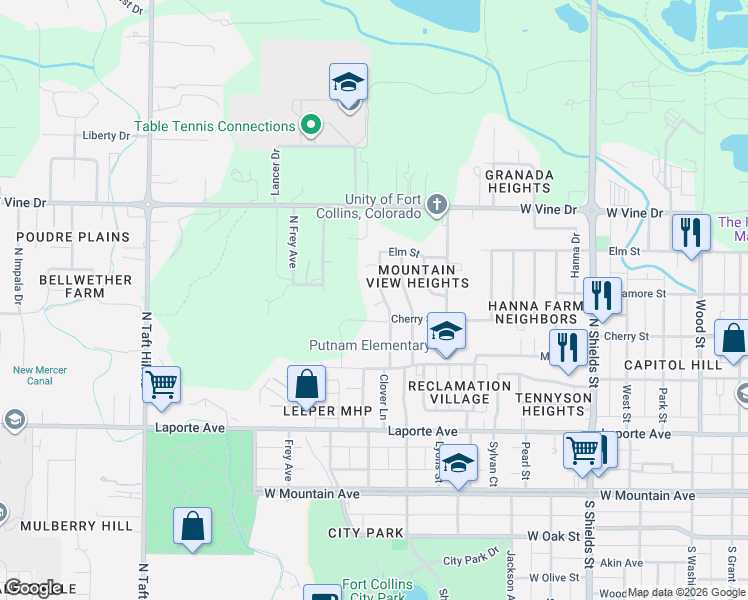 map of restaurants, bars, coffee shops, grocery stores, and more near 1513 Cherry Street in Fort Collins