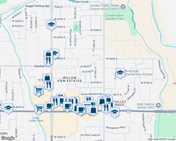 map of restaurants, bars, coffee shops, grocery stores, and more near 8709 South 1405 West in West Jordan