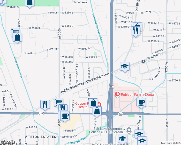map of restaurants, bars, coffee shops, grocery stores, and more near 8731 South 3780 West in West Jordan