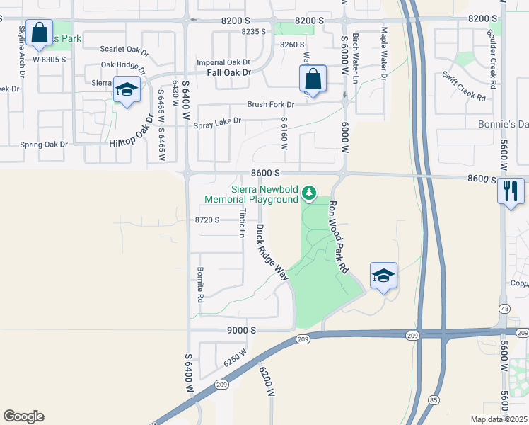 map of restaurants, bars, coffee shops, grocery stores, and more near 8729 Duck Ridge Way in West Jordan
