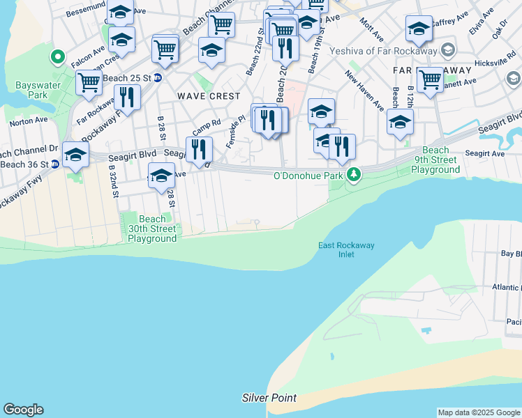 map of restaurants, bars, coffee shops, grocery stores, and more near 20-33 Seagirt Boulevard in Queens