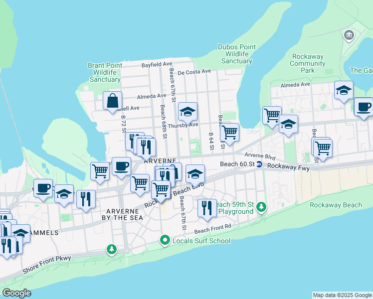 map of restaurants, bars, coffee shops, grocery stores, and more near 66-19 Beach Channel Drive in Queens