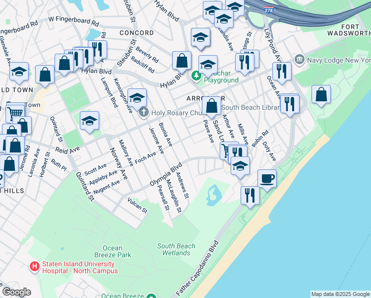 map of restaurants, bars, coffee shops, grocery stores, and more near 87 Olympia Boulevard in Staten Island