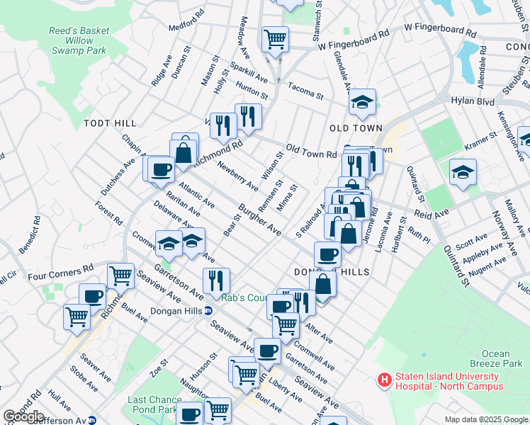 map of restaurants, bars, coffee shops, grocery stores, and more near 151 Burgher Avenue in Staten Island