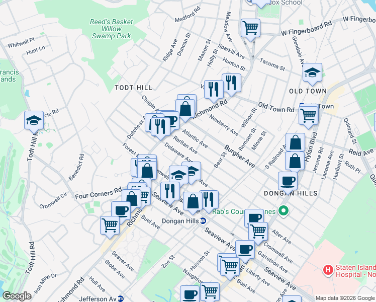 map of restaurants, bars, coffee shops, grocery stores, and more near 77 Delaware Avenue in Staten Island