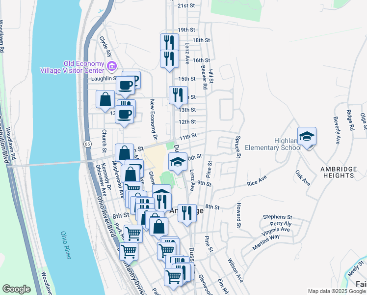 map of restaurants, bars, coffee shops, grocery stores, and more near 1020 Duss Avenue in Ambridge