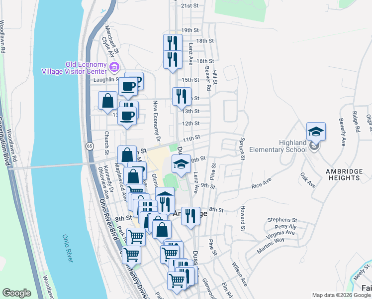 map of restaurants, bars, coffee shops, grocery stores, and more near 1020 Duss Avenue in Ambridge