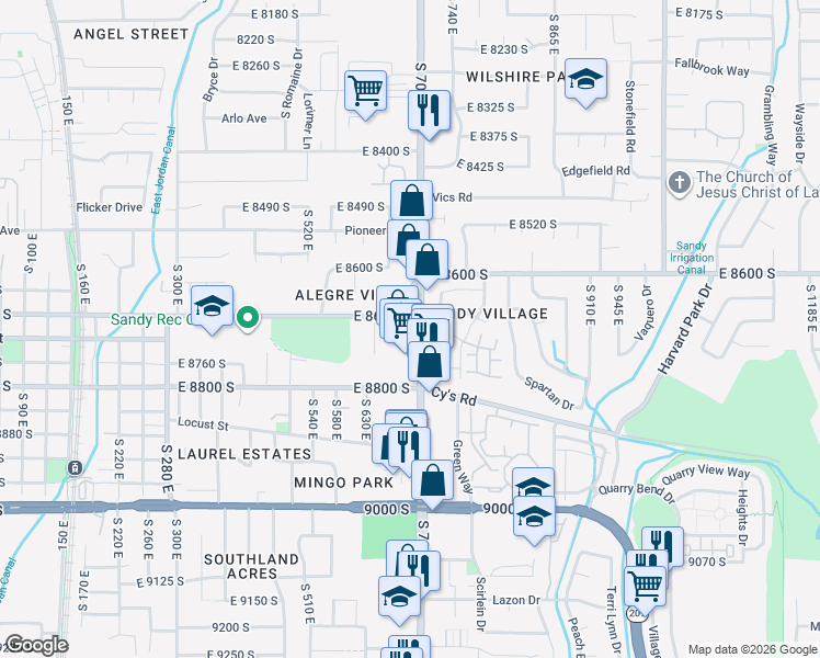 map of restaurants, bars, coffee shops, grocery stores, and more near 8722 South 700 East in Sandy