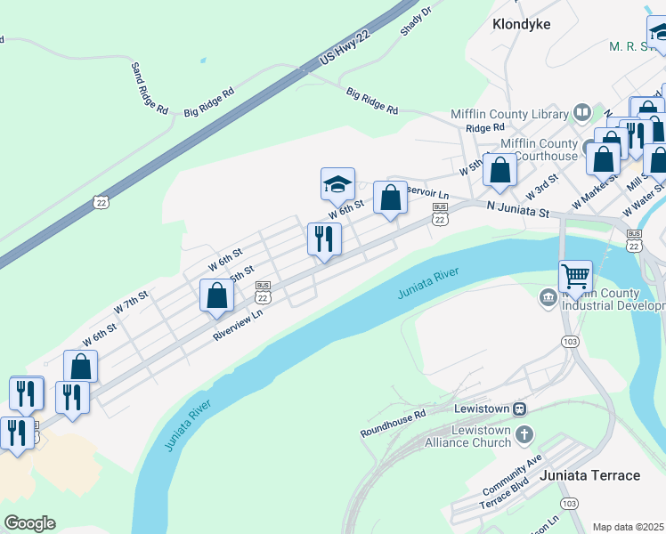 map of restaurants, bars, coffee shops, grocery stores, and more near 522 West 4th Street in Lewistown