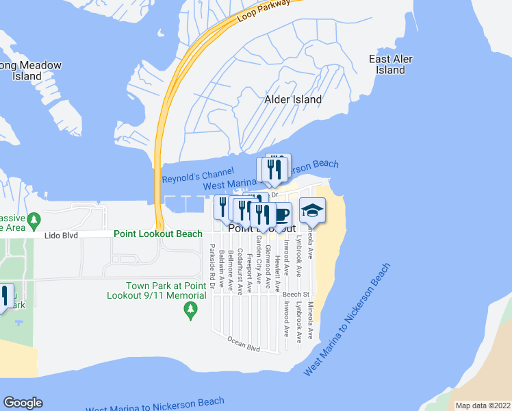 map of restaurants, bars, coffee shops, grocery stores, and more near 7 Garden City Avenue in Point Lookout