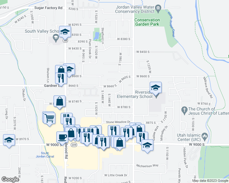 map of restaurants, bars, coffee shops, grocery stores, and more near 1410 West 8700 South in West Jordan