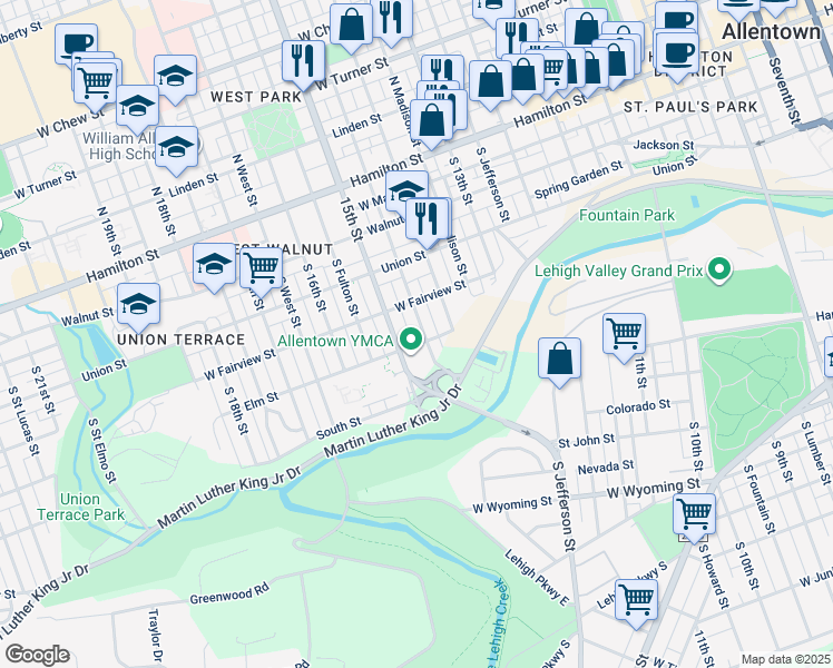 map of restaurants, bars, coffee shops, grocery stores, and more near 336 South Franklin Street in Allentown
