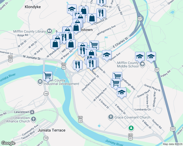 map of restaurants, bars, coffee shops, grocery stores, and more near 2-32 Shrefflers Alley in Lewistown